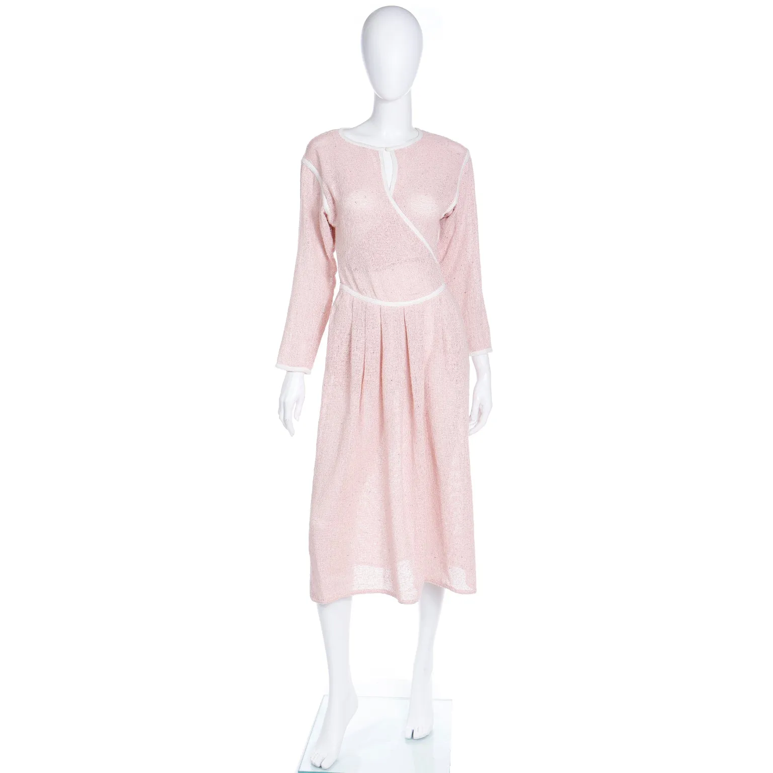 1980s Geoffrey Beene Pink Woven Wrap Dress With White Trim