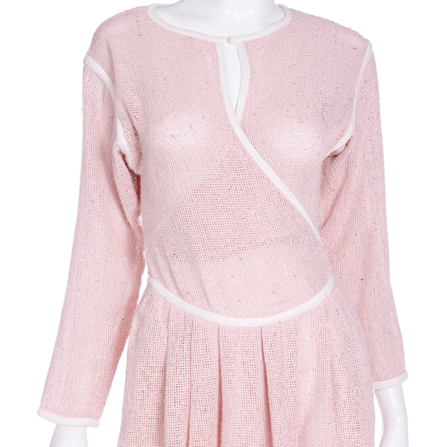 1980s Geoffrey Beene Pink Woven Wrap Dress With White Trim