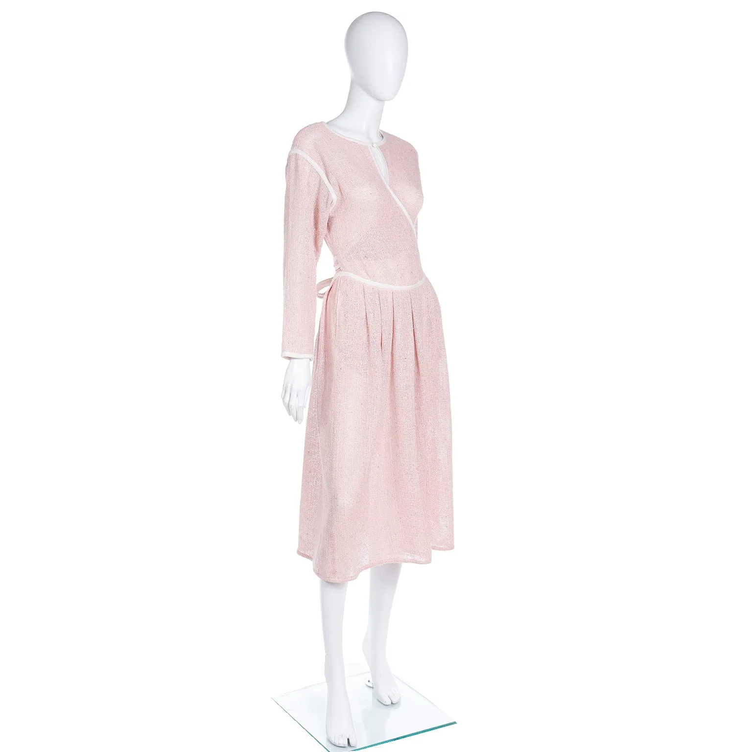 1980s Geoffrey Beene Pink Woven Wrap Dress With White Trim