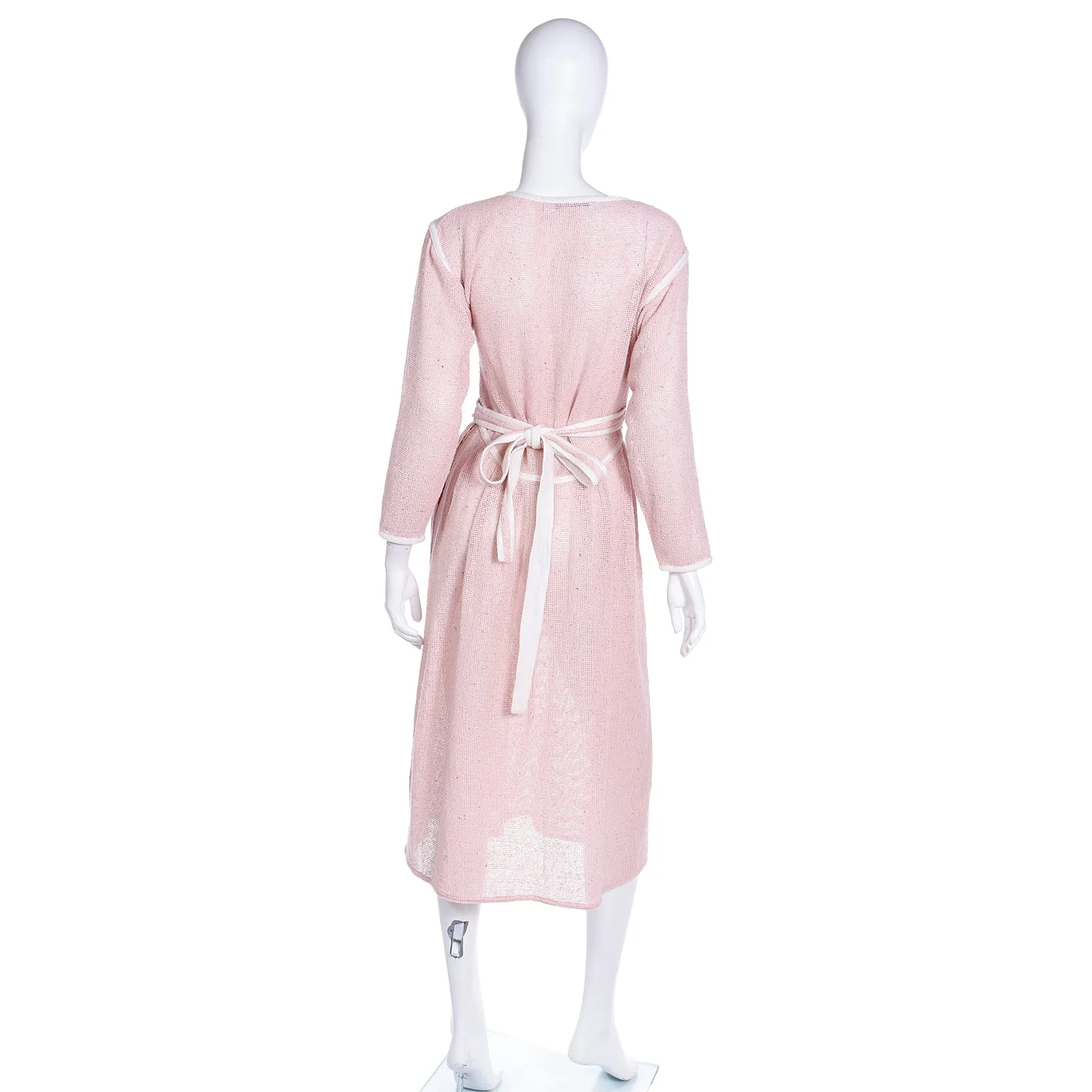 1980s Geoffrey Beene Pink Woven Wrap Dress With White Trim
