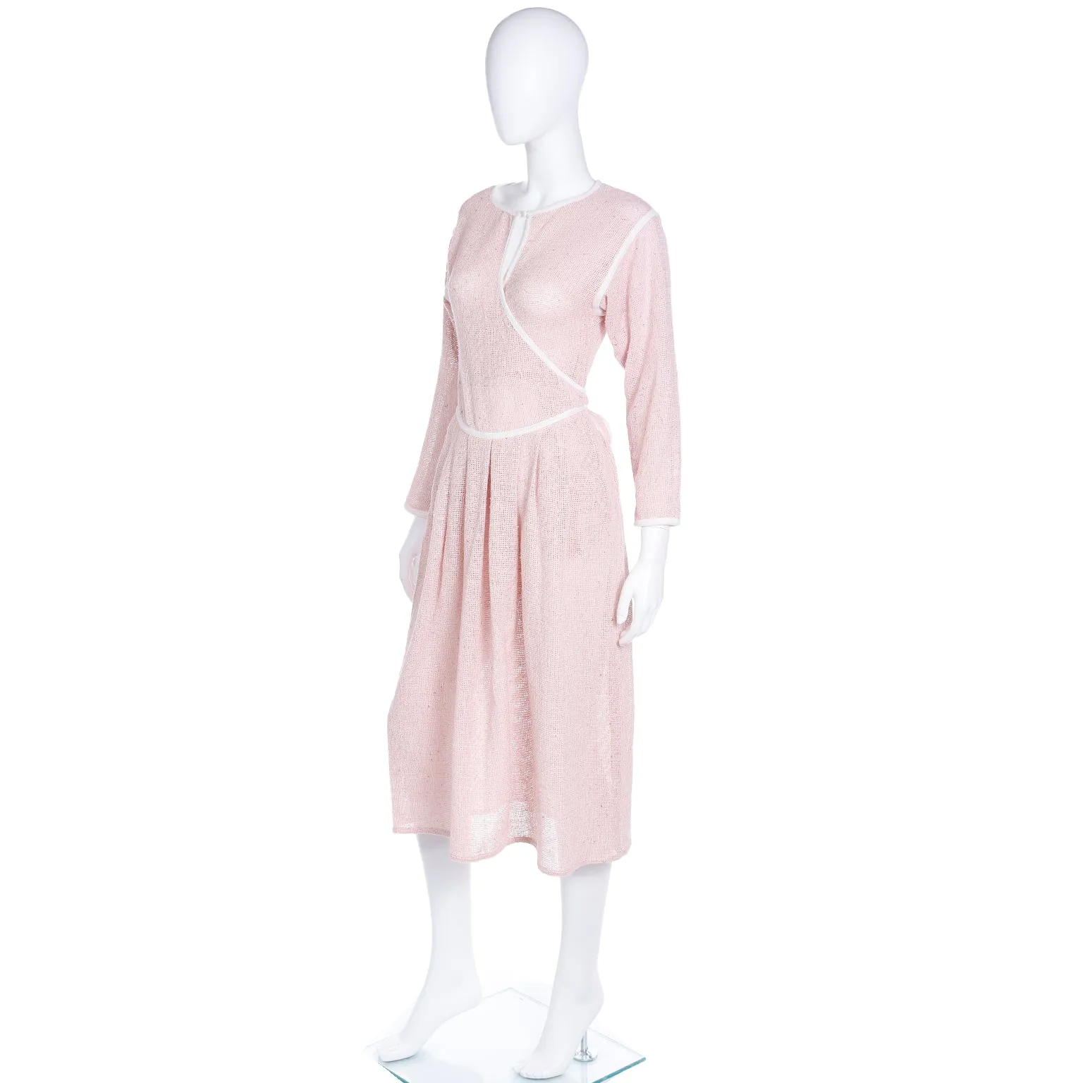 1980s Geoffrey Beene Pink Woven Wrap Dress With White Trim