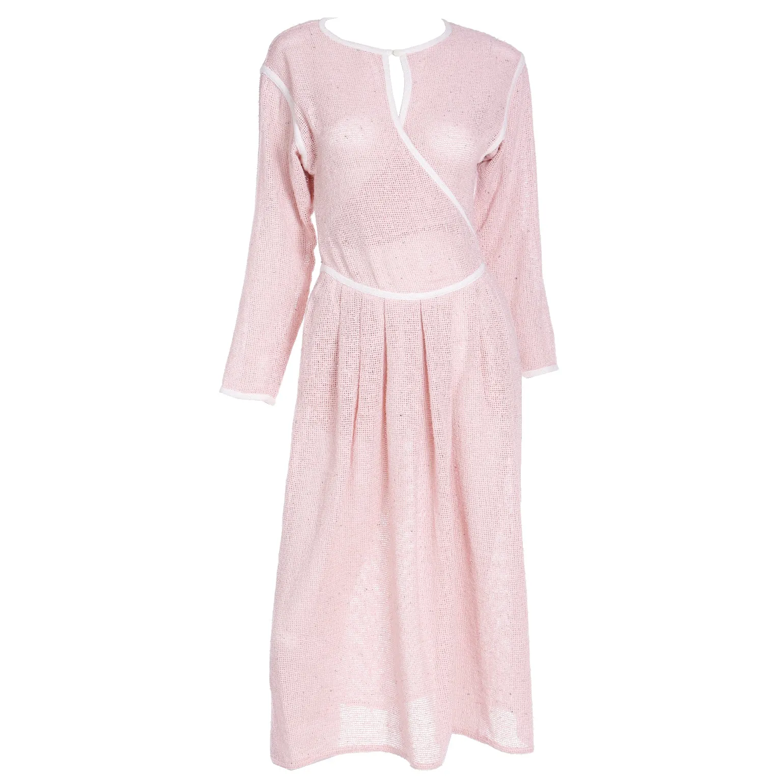 1980s Geoffrey Beene Pink Woven Wrap Dress With White Trim