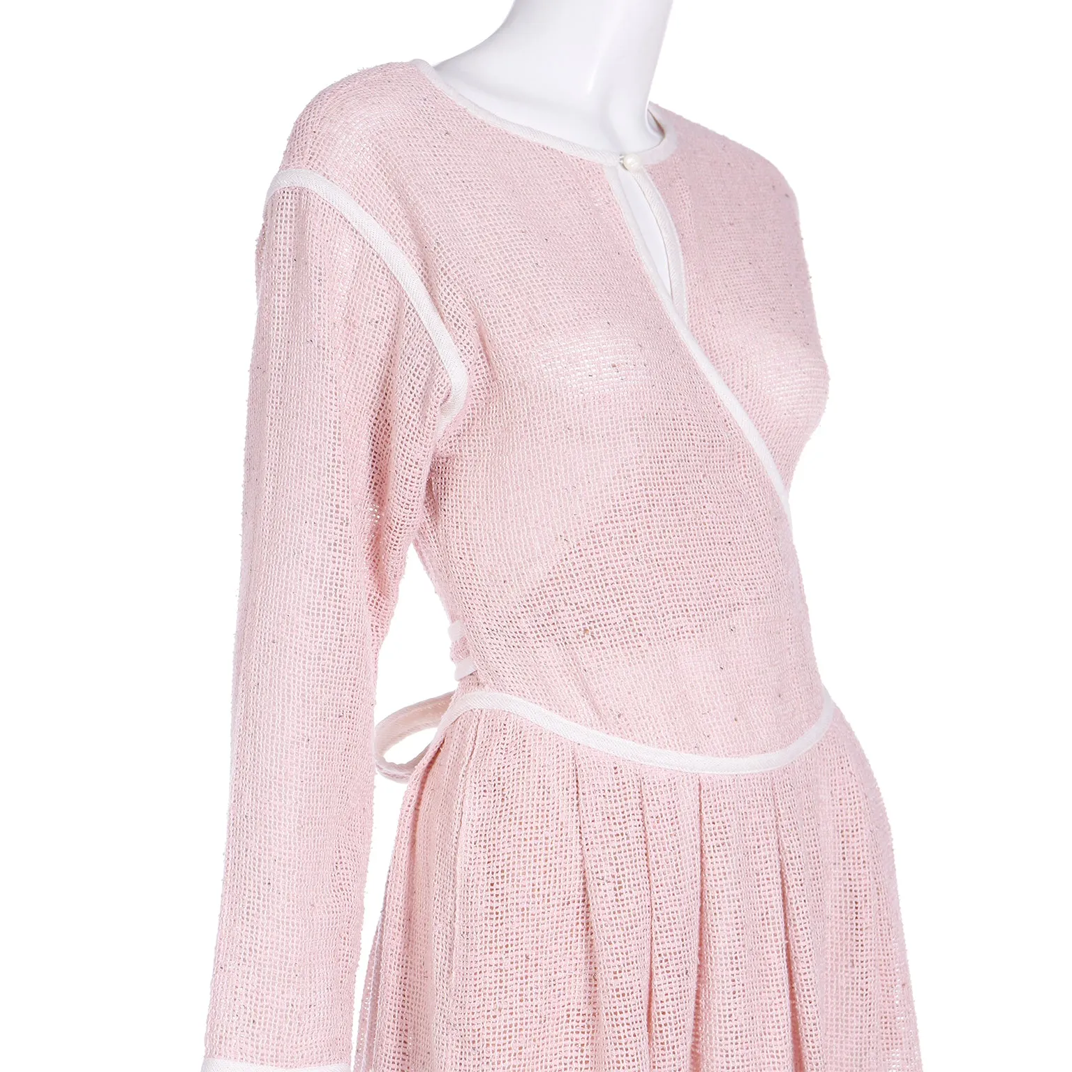 1980s Geoffrey Beene Pink Woven Wrap Dress With White Trim