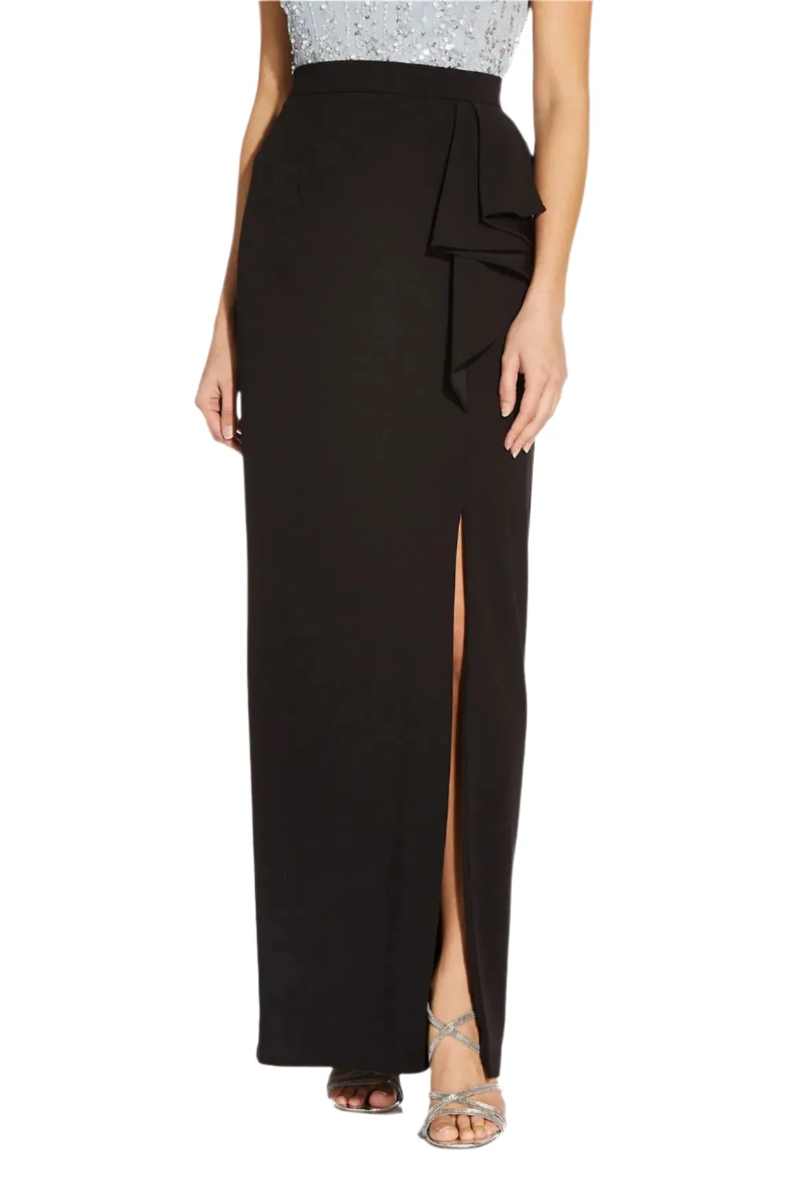 Adrianna Papell Mid Banded Waist Ruffled Slit Side Solid Long Knot Crepe Skirt