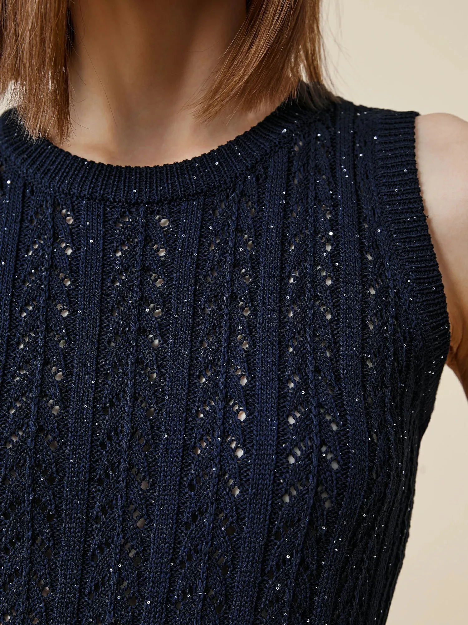 Amoretu Lyocell Sleeveless Openwork Sequin Knitted Vest