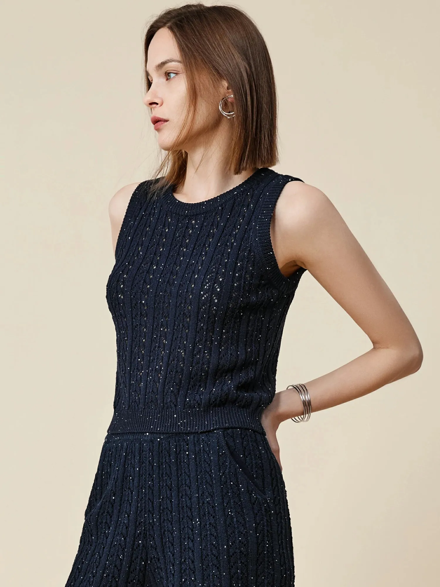 Amoretu Lyocell Sleeveless Openwork Sequin Knitted Vest