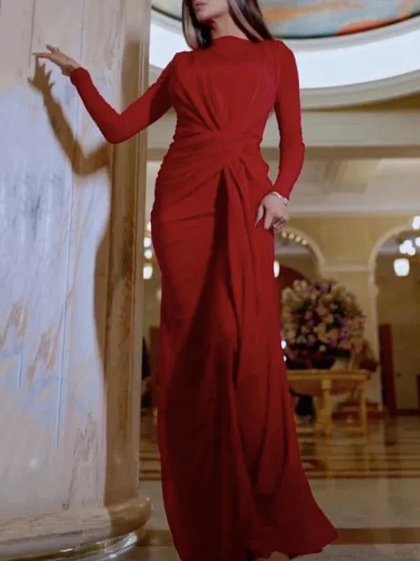 Amozae-2024 Spring and Autumn Elegant Dress Solid Color Round Neck Long Sleeve Tied Waist Dress Split-side Evening Dresses