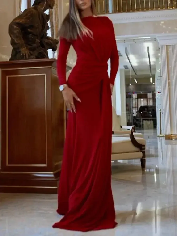 Amozae-2024 Spring and Autumn Elegant Dress Solid Color Round Neck Long Sleeve Tied Waist Dress Split-side Evening Dresses