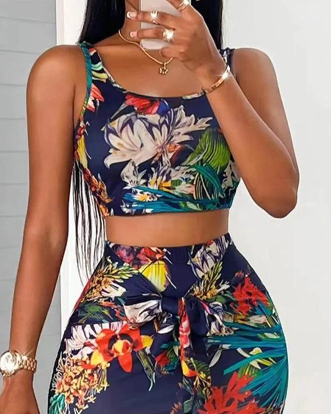 Amozae Two Piece Sets Womens Outifits 2023 Summer Fashion Tropical Print U-Neck Sleeveless Crop Tank Top & Casual Skinny Midi Skirt Set
