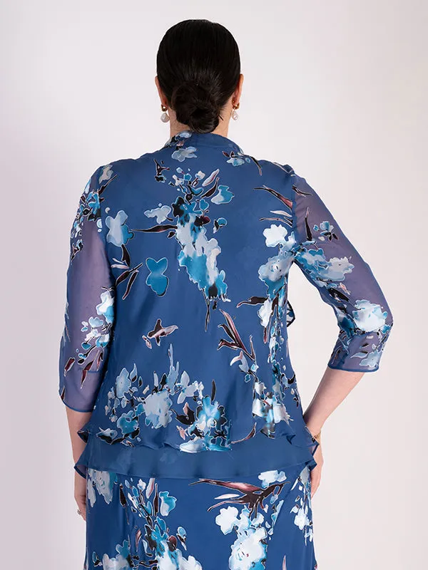 Azure Floral Print Silk Devore Layered Shrug