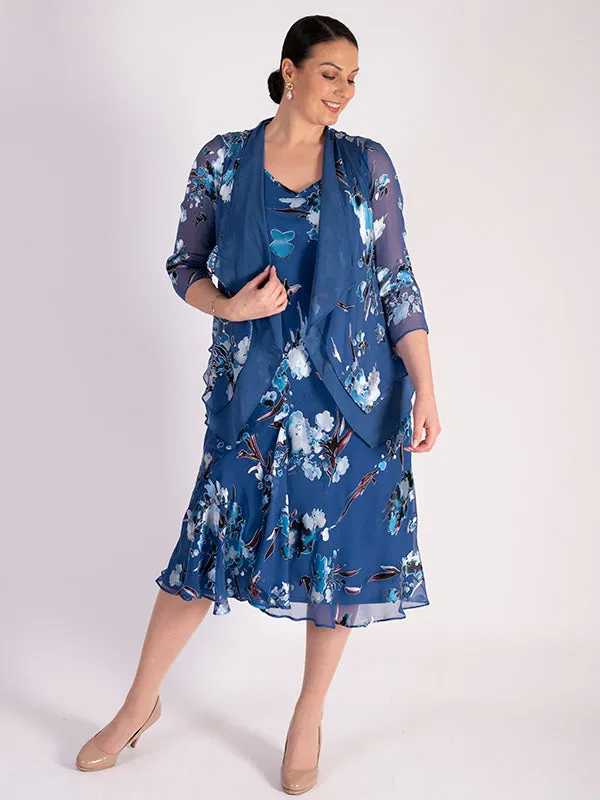 Azure Floral Print Silk Devore Layered Shrug