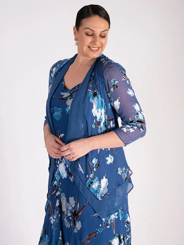 Azure Floral Print Silk Devore Layered Shrug