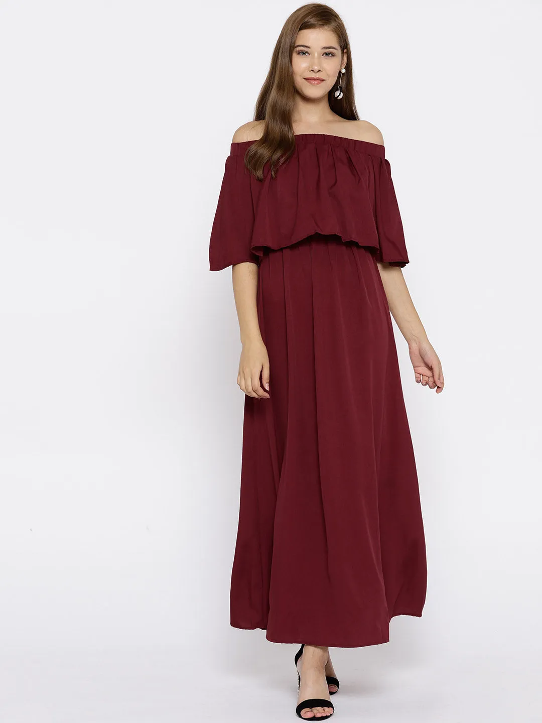 Berrylush Women Solid Maroon Off-Shoulder Three-Quarter Sleeve Crepe Flared Maxi Dress