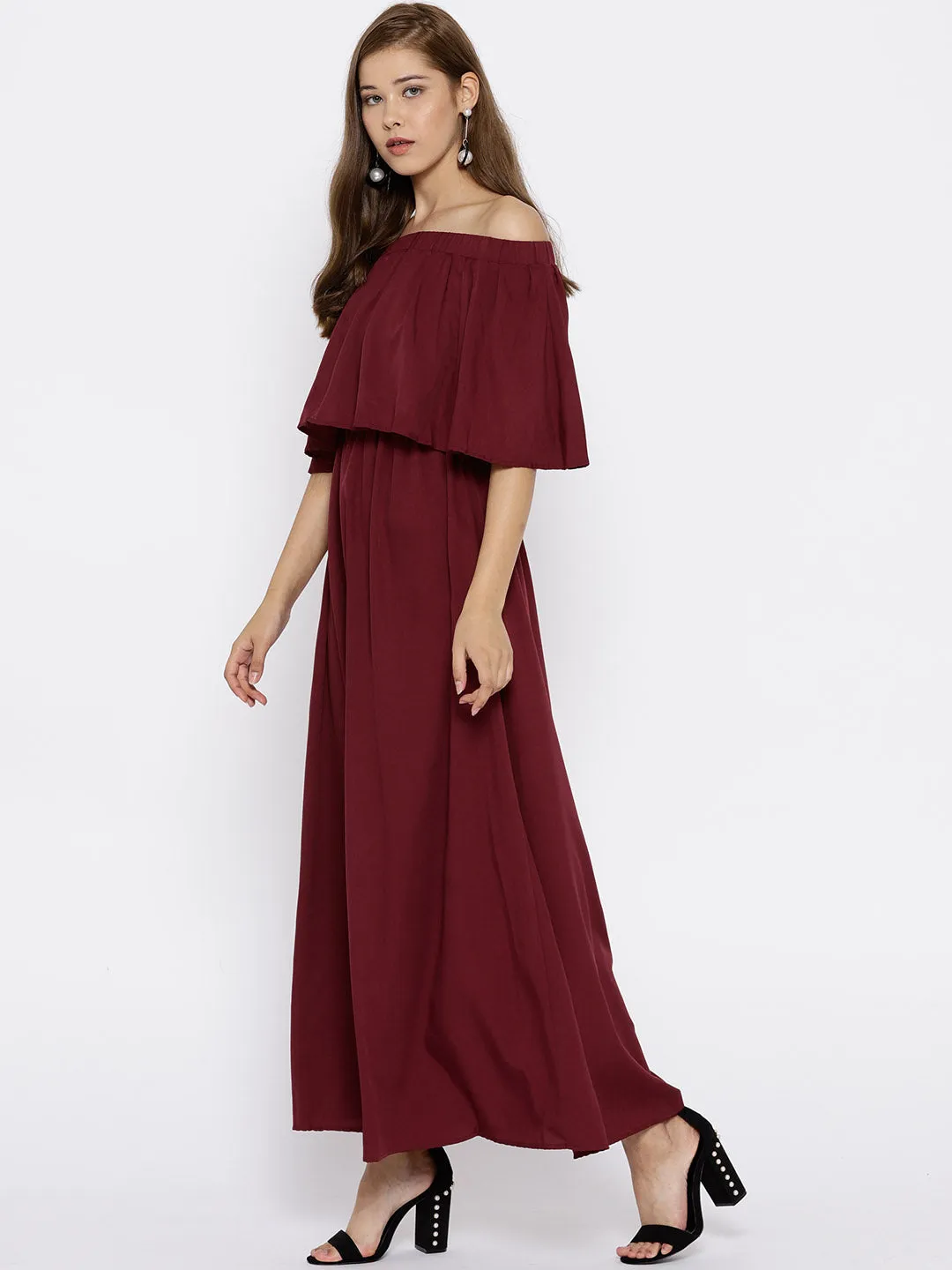 Berrylush Women Solid Maroon Off-Shoulder Three-Quarter Sleeve Crepe Flared Maxi Dress