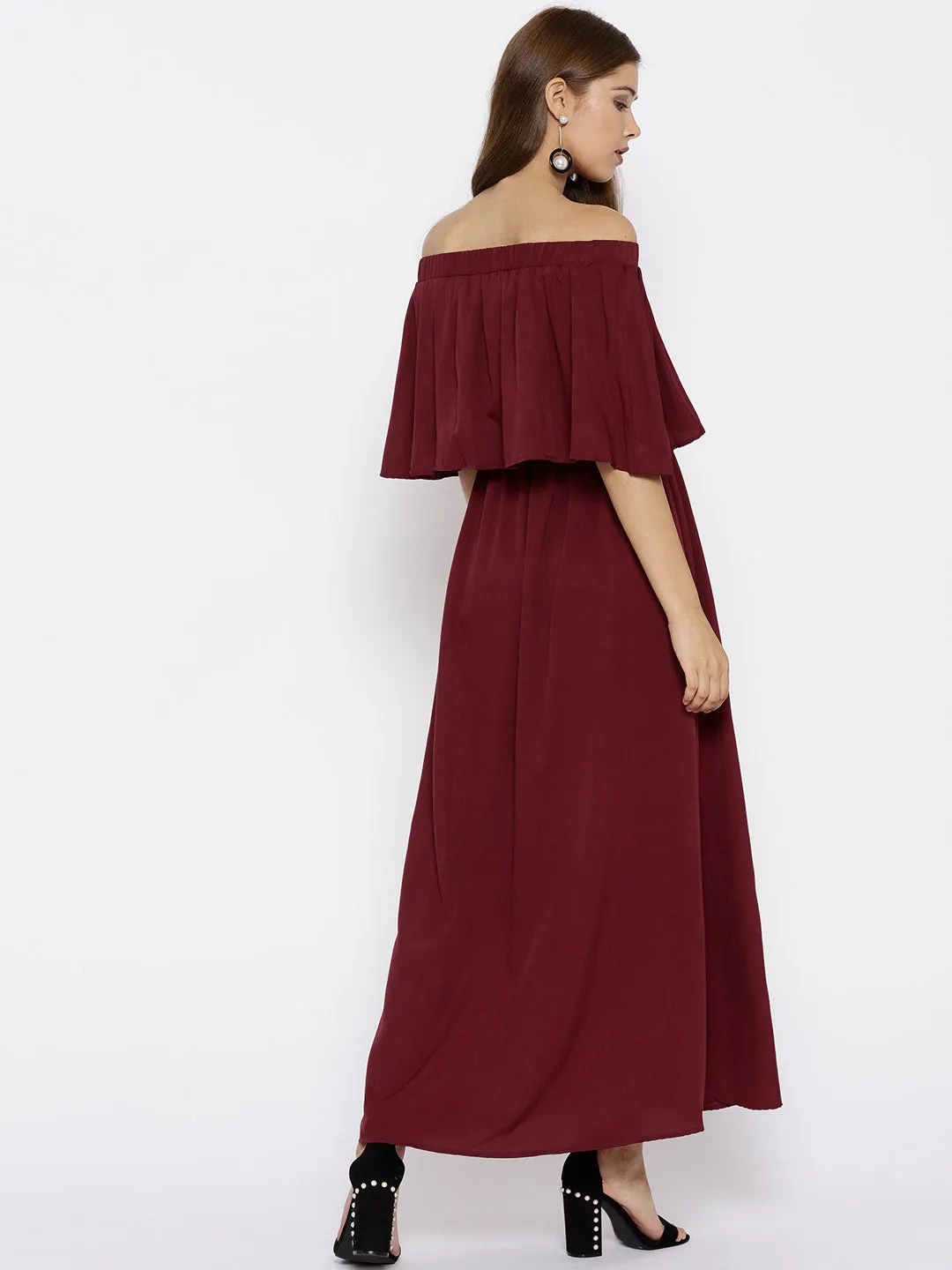 Berrylush Women Solid Maroon Off-Shoulder Three-Quarter Sleeve Crepe Flared Maxi Dress