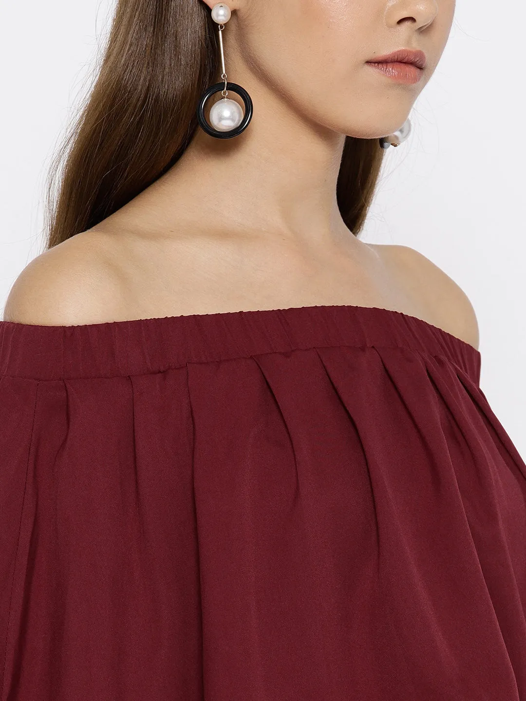 Berrylush Women Solid Maroon Off-Shoulder Three-Quarter Sleeve Crepe Flared Maxi Dress