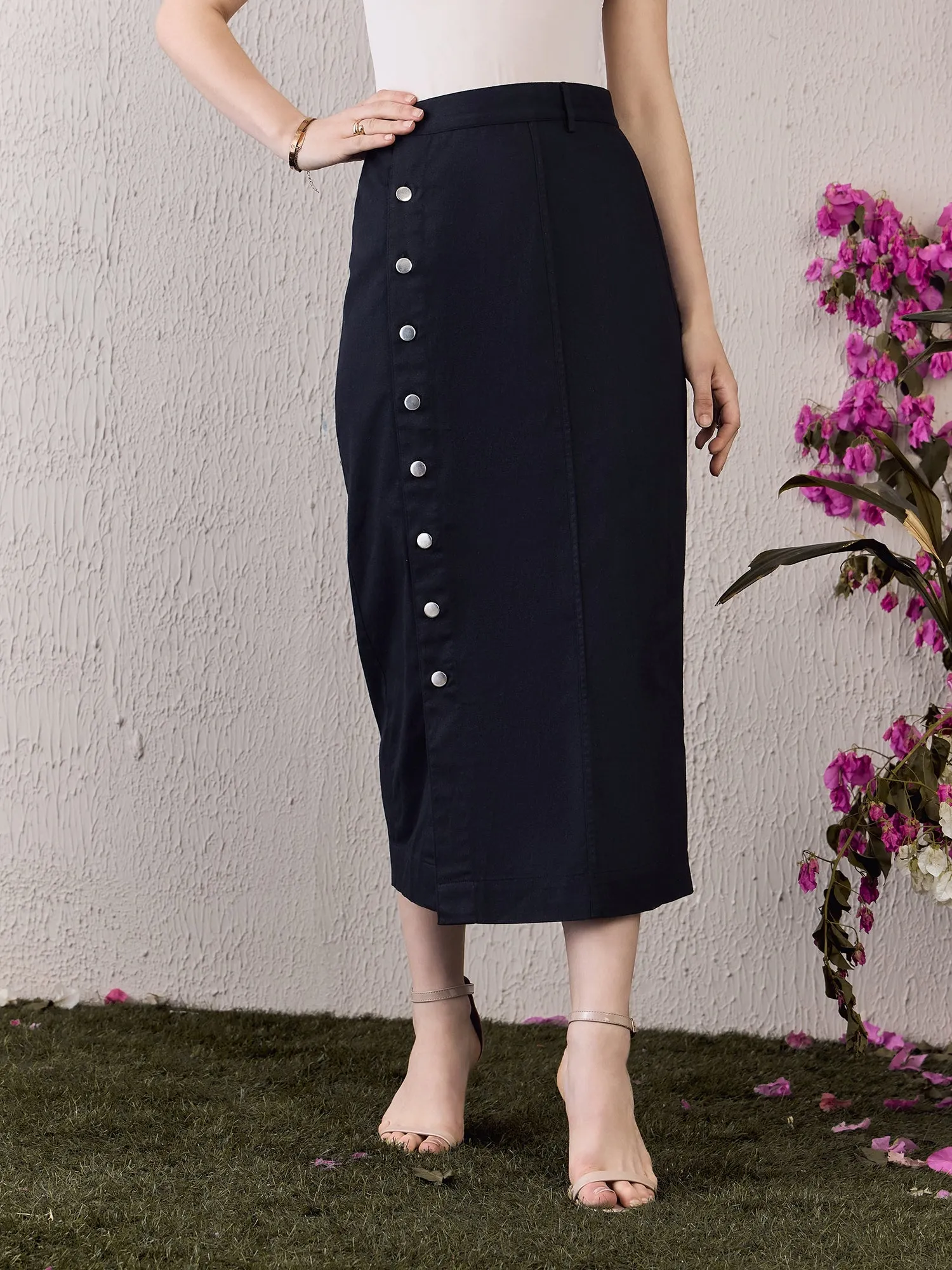 Berrylush Women Solid Navy Blue High-Rise Waist Pure Cotton Slip-On Thigh-High Slit Straight Hem Button Embellished Midi Skirt