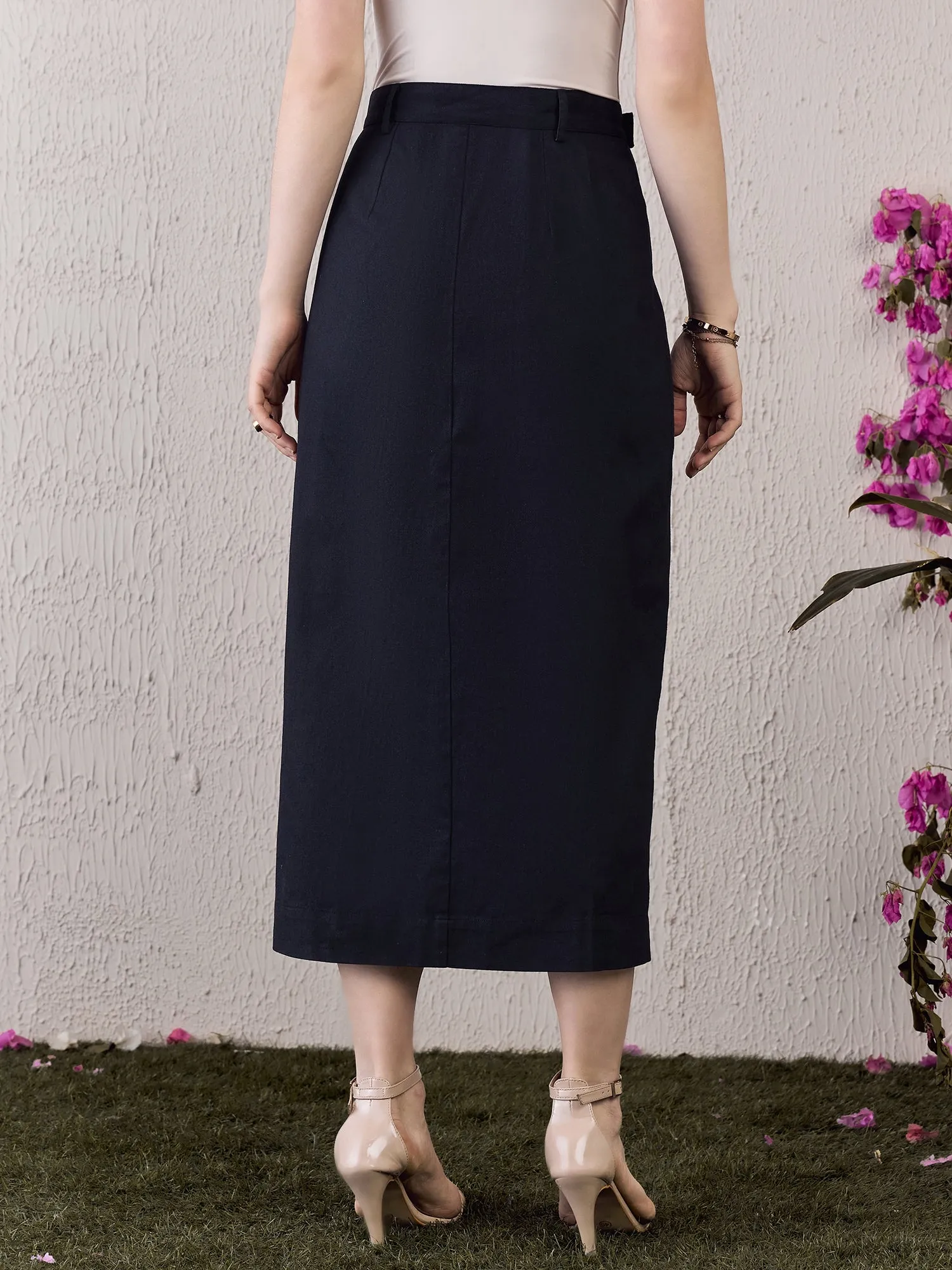 Berrylush Women Solid Navy Blue High-Rise Waist Pure Cotton Slip-On Thigh-High Slit Straight Hem Button Embellished Midi Skirt