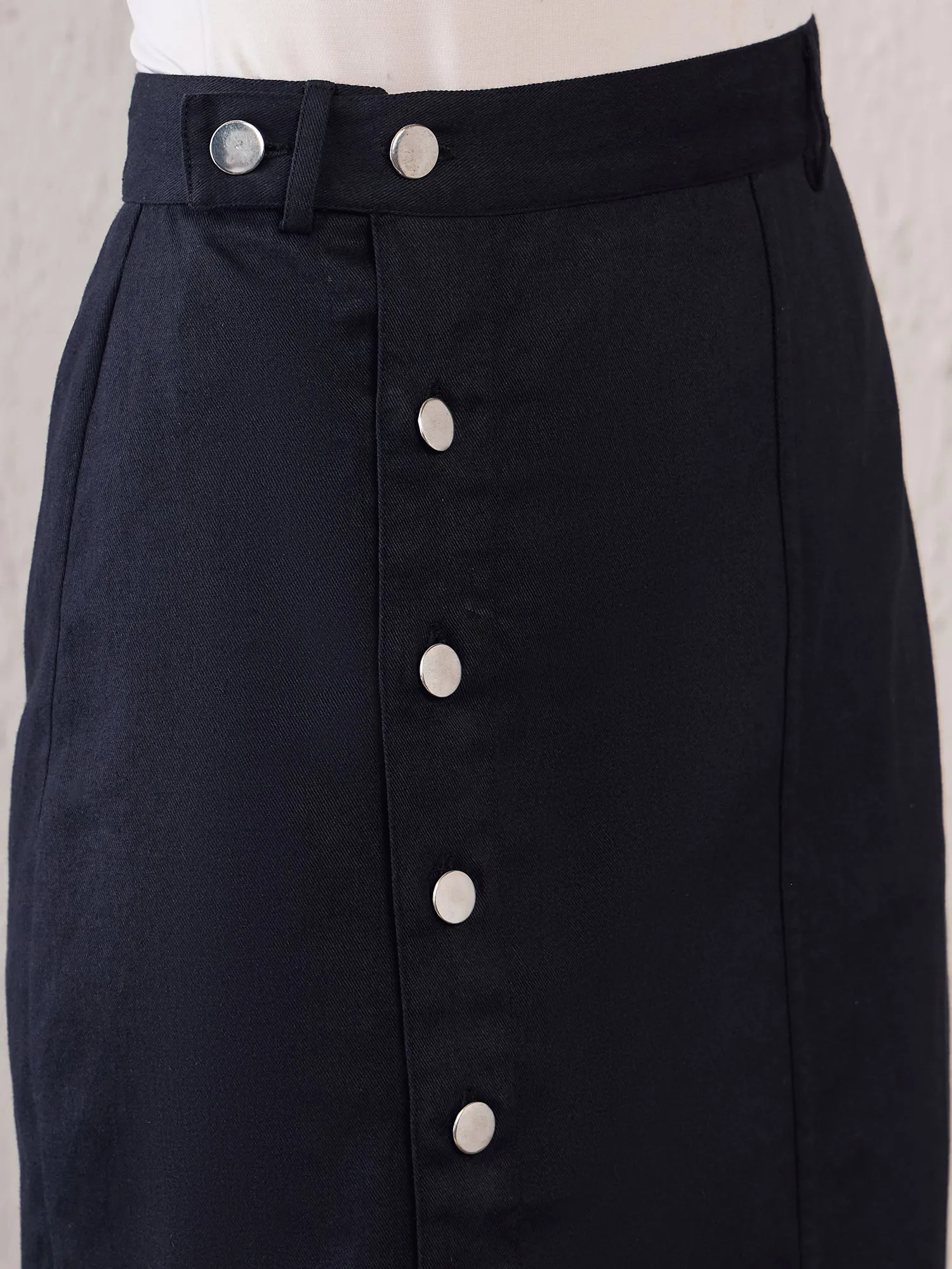 Berrylush Women Solid Navy Blue High-Rise Waist Pure Cotton Slip-On Thigh-High Slit Straight Hem Button Embellished Midi Skirt