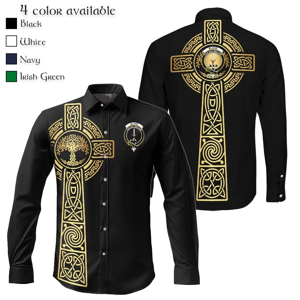 Blane Clan Mens Long Sleeve Button Up Shirt with Golden Celtic Tree Of Life