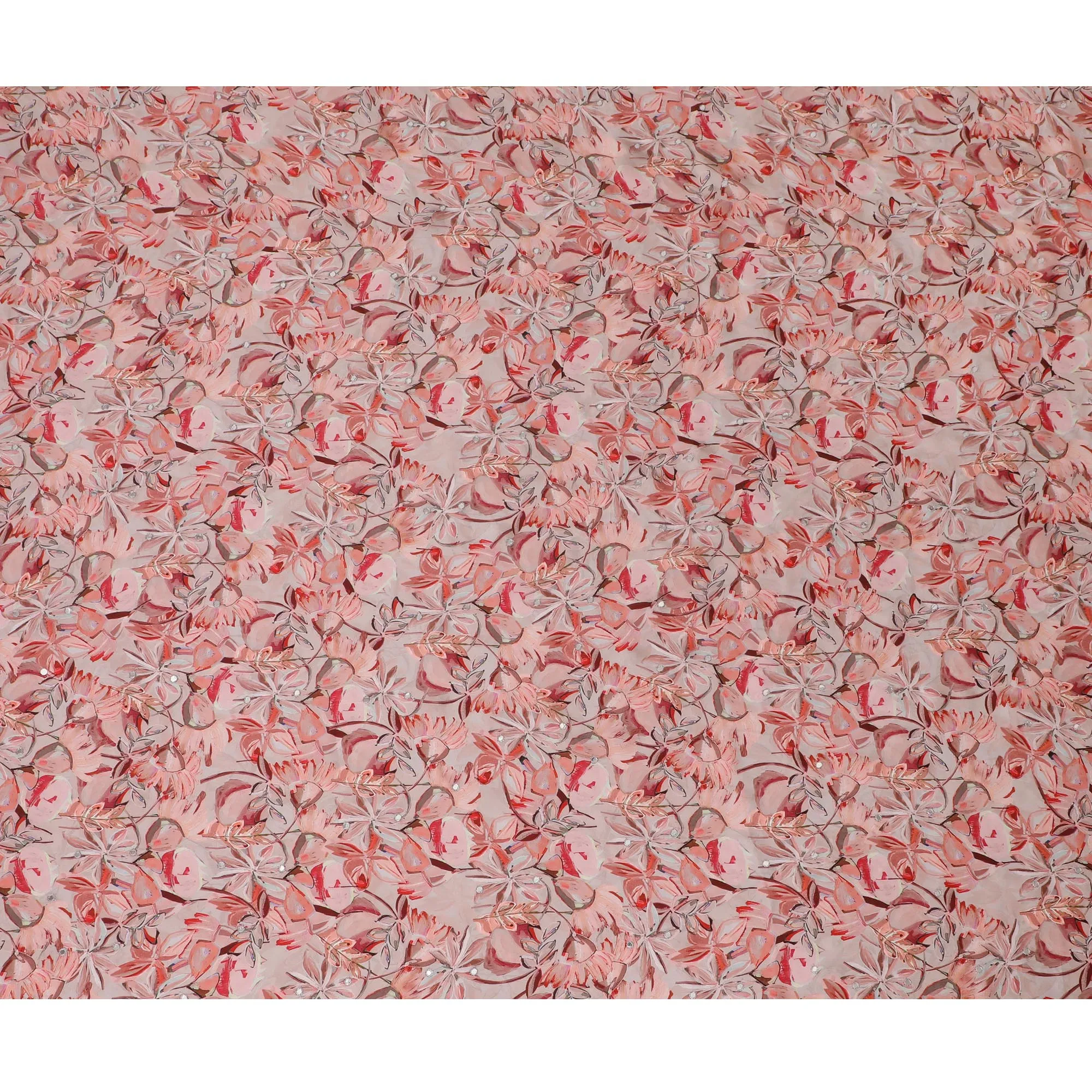 Blush Pink Floral Viscose Modal Satin Fabric with Mirror Work - 110 cm Width-D20267