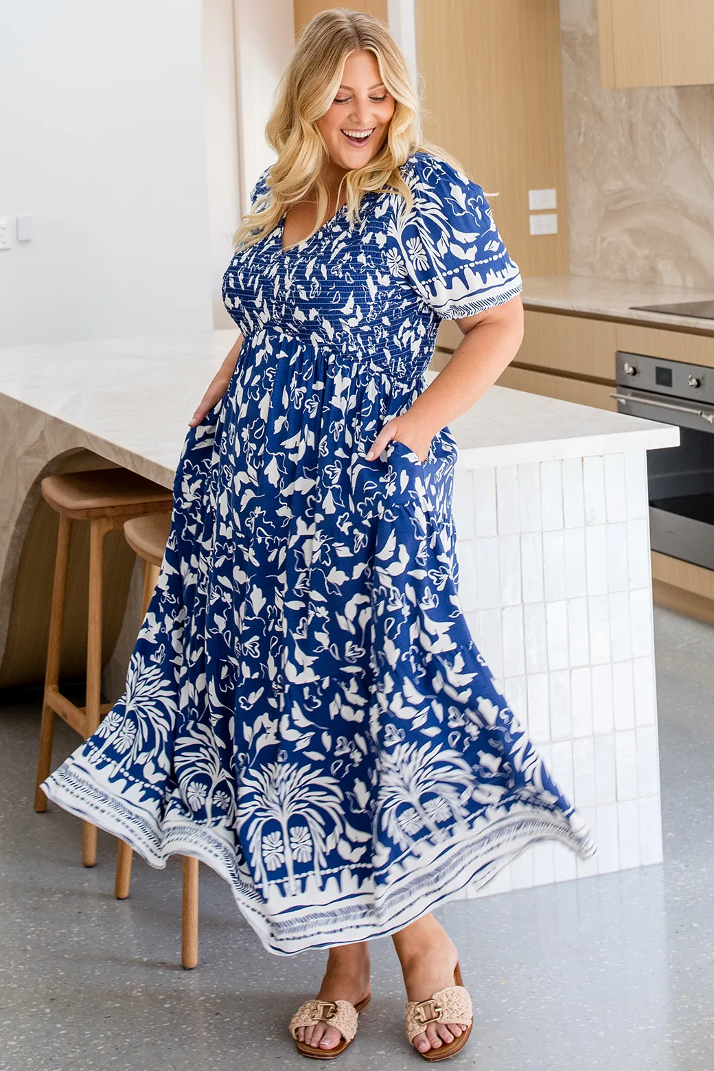 Caris Midi Dress Mahalo Print Navy White
