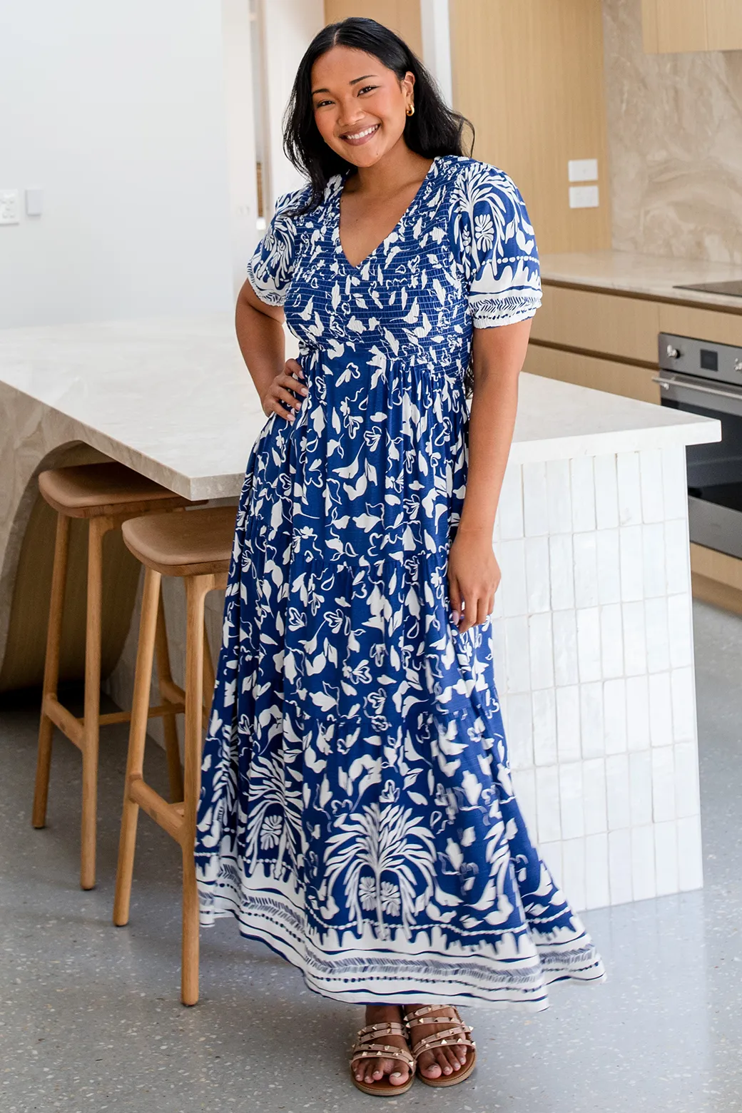 Caris Midi Dress Mahalo Print Navy White