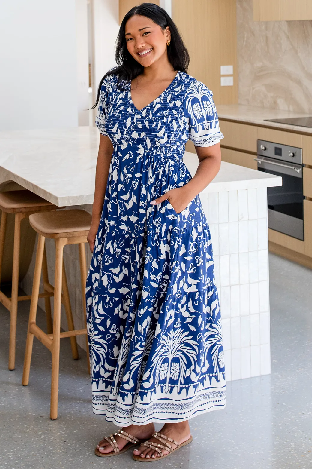 Caris Midi Dress Mahalo Print Navy White
