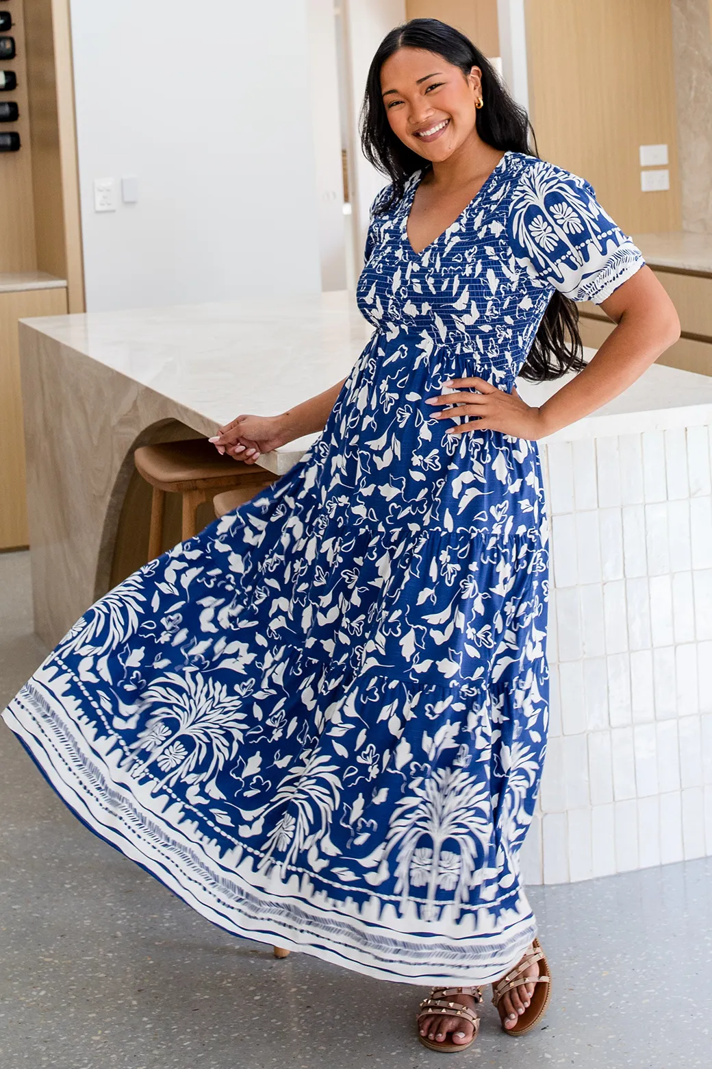 Caris Midi Dress Mahalo Print Navy White