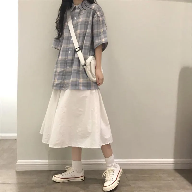 Casual Plaid Loose Shirt   White Midi Skirt
