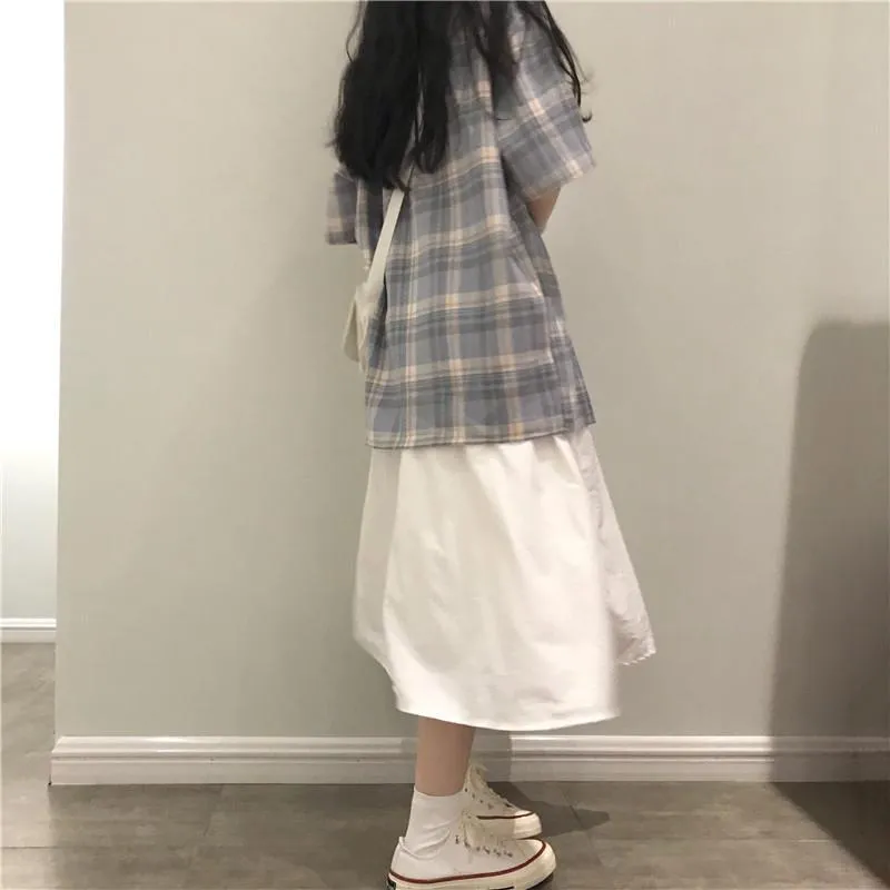 Casual Plaid Loose Shirt   White Midi Skirt