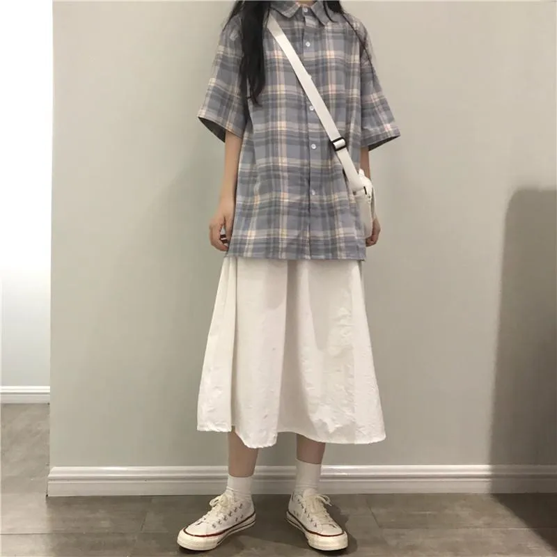 Casual Plaid Loose Shirt   White Midi Skirt