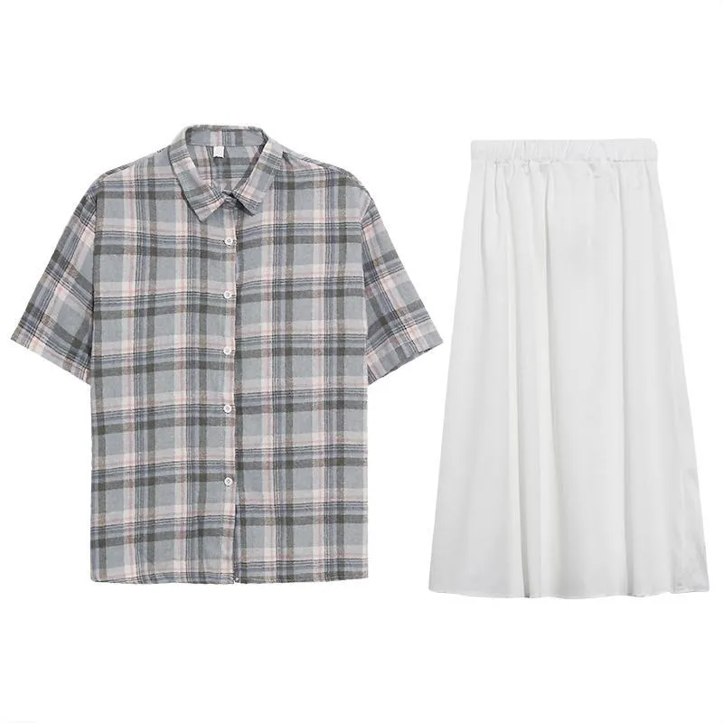 Casual Plaid Loose Shirt   White Midi Skirt