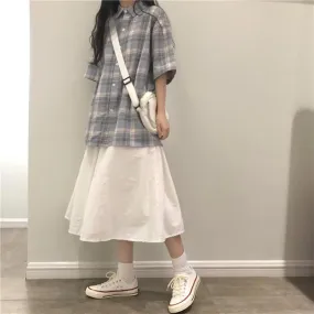 Casual Plaid Loose Shirt   White Midi Skirt