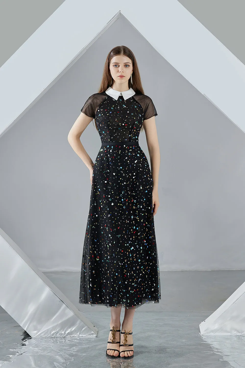 Christina A-line Short Sleeved Mesh Sheer Midi Dress
