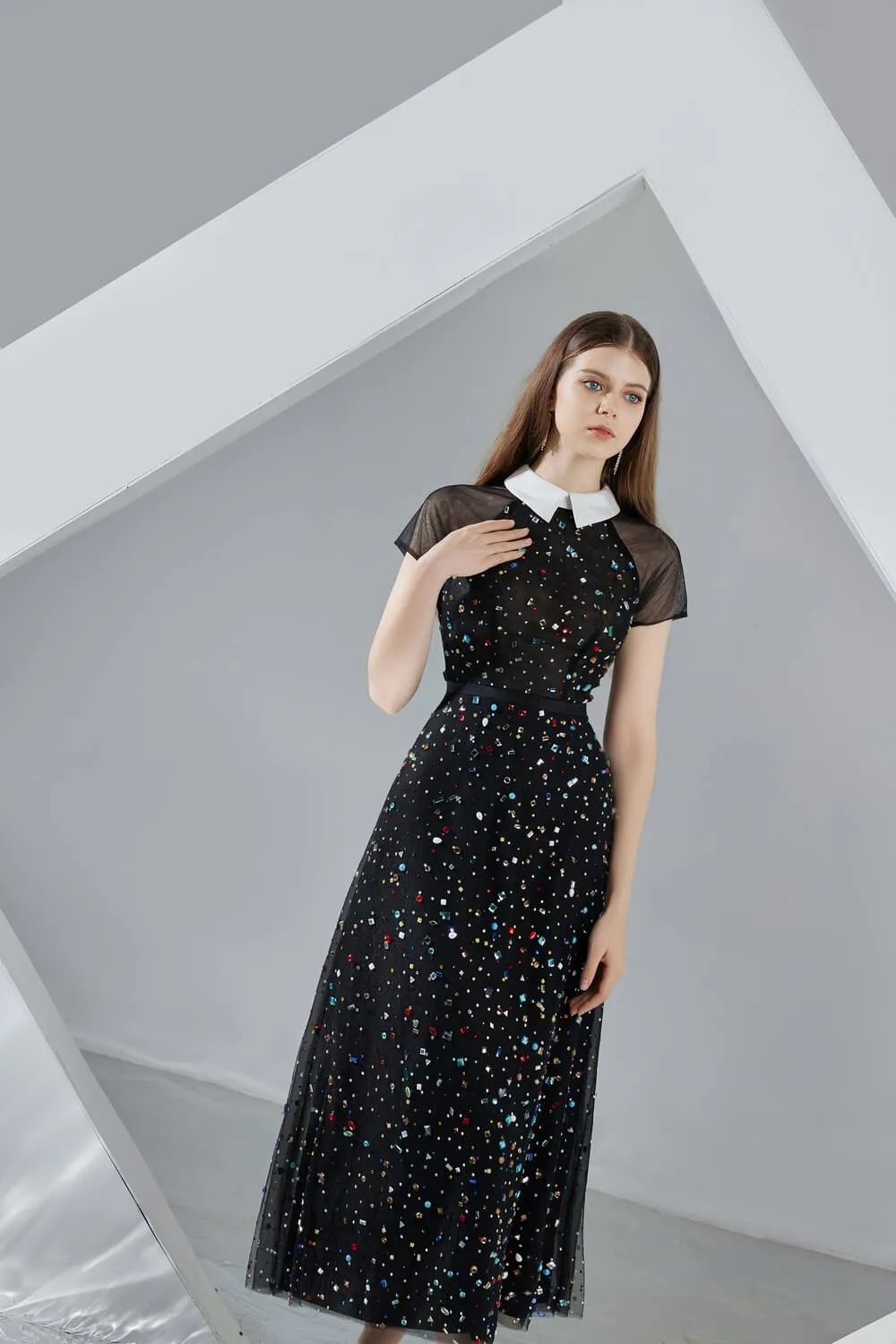 Christina A-line Short Sleeved Mesh Sheer Midi Dress