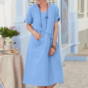 Color Loose Commuter's V-neck Pocket Pleats Midi Vintage Short Sleeve High Waist Summer Spring Solid Dress