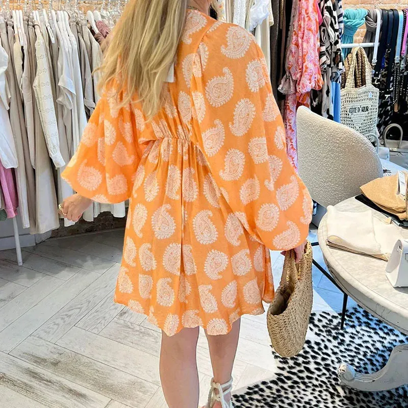 Deep V High Waist Short Summer Lantern Sleeve Pleated Women's Party Elegant Floral Print Mini Beach Floral Casual Dress