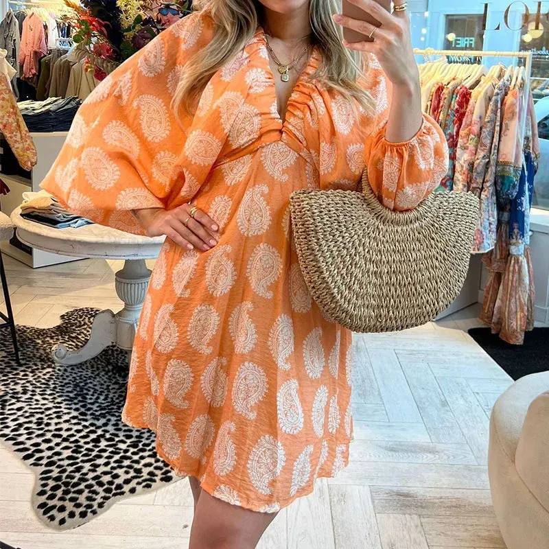 Deep V High Waist Short Summer Lantern Sleeve Pleated Women's Party Elegant Floral Print Mini Beach Floral Casual Dress