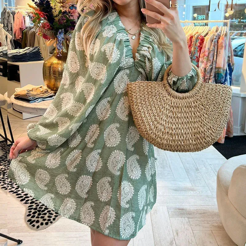 Deep V High Waist Short Summer Lantern Sleeve Pleated Women's Party Elegant Floral Print Mini Beach Floral Casual Dress