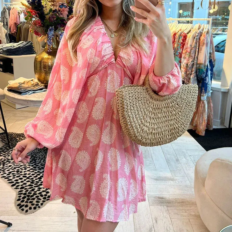 Deep V High Waist Short Summer Lantern Sleeve Pleated Women's Party Elegant Floral Print Mini Beach Floral Casual Dress