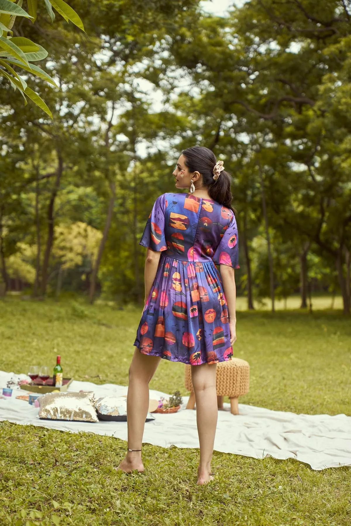Dreamy Sunset Printed Detachable Modal Satin Dress