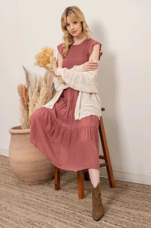 Dusty Mauve Tiered Midi Dress