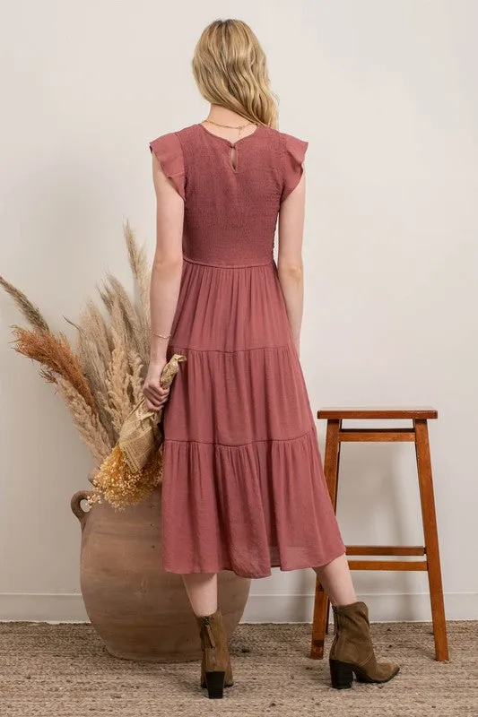 Dusty Mauve Tiered Midi Dress