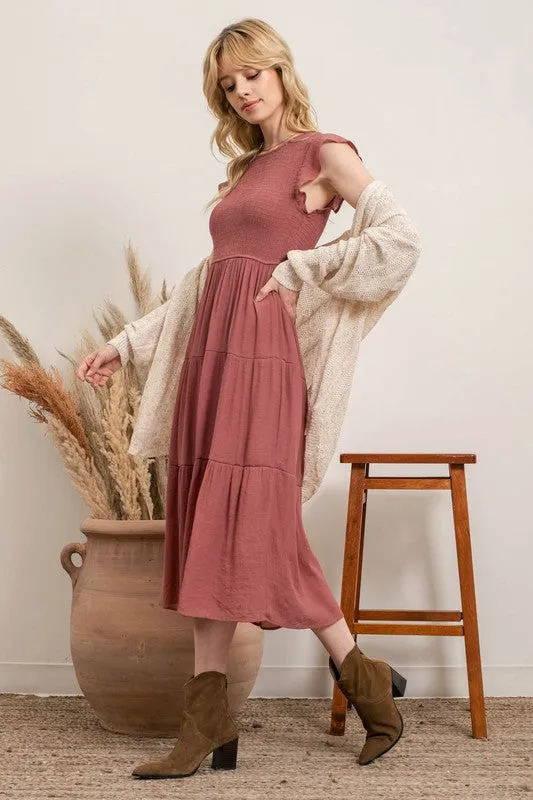 Dusty Mauve Tiered Midi Dress