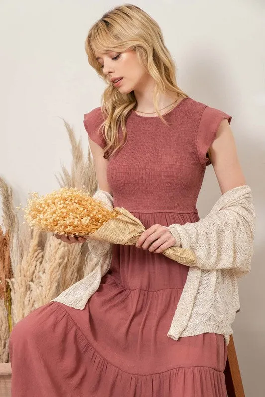 Dusty Mauve Tiered Midi Dress