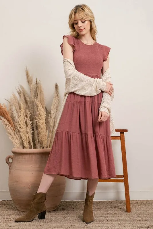 Dusty Mauve Tiered Midi Dress