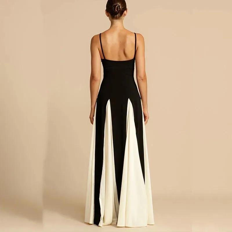 Evening Fashion Color Blocking High Waist Long Elegant Summer Off Shoulder Pleated Party Suspender Dress