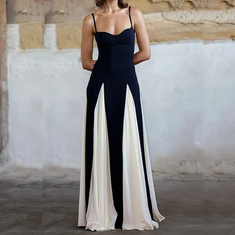 Evening Fashion Color Blocking High Waist Long Elegant Summer Off Shoulder Pleated Party Suspender Dress