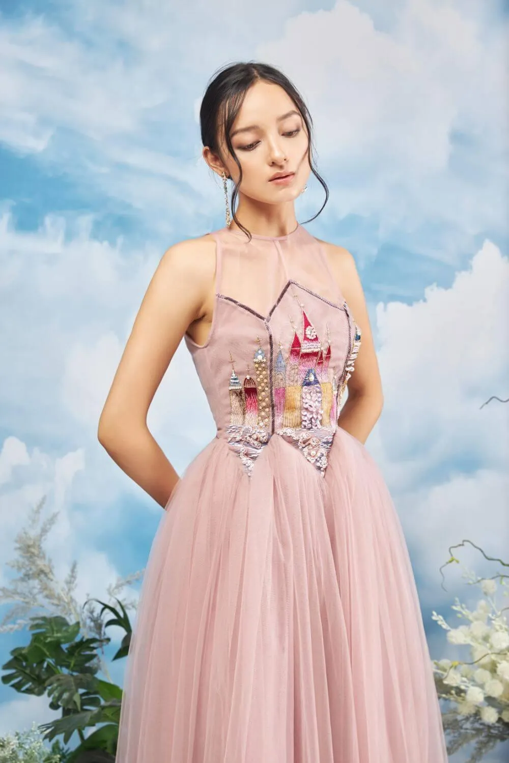 Falcon Gathered Illusion Neck Mesh Sheer Midi Dress